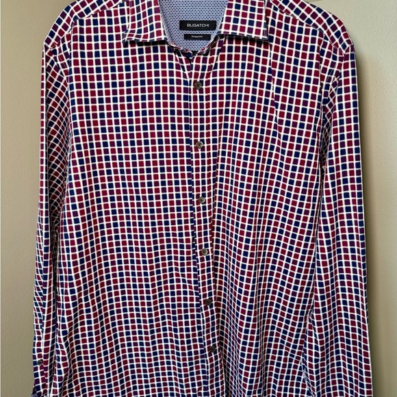Bugatchi‎ Men's Size Large Shaped Fit Button Front Shirt Navy/Red Plaid - Picture 7 of 7